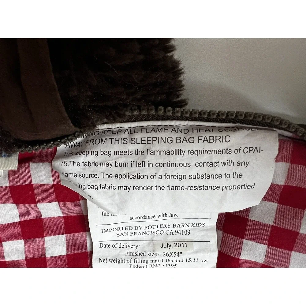 Pottery Barn Kids Moose Plush Sleeping Bag Brown Lined in Red Gingham